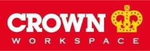 Logo for Crown Workspace - red background with the words 'Crown Workspace' written in white, accompanied by a yellow crown symbol