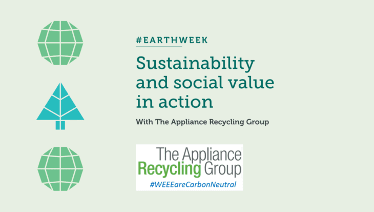 Text graphic which says Earth Week sustainability and social value in action with the appliance recycling group